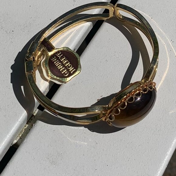 Vtg Genuine Tiger Eye Stone Cuff Bracelet - Picture 5 of 12